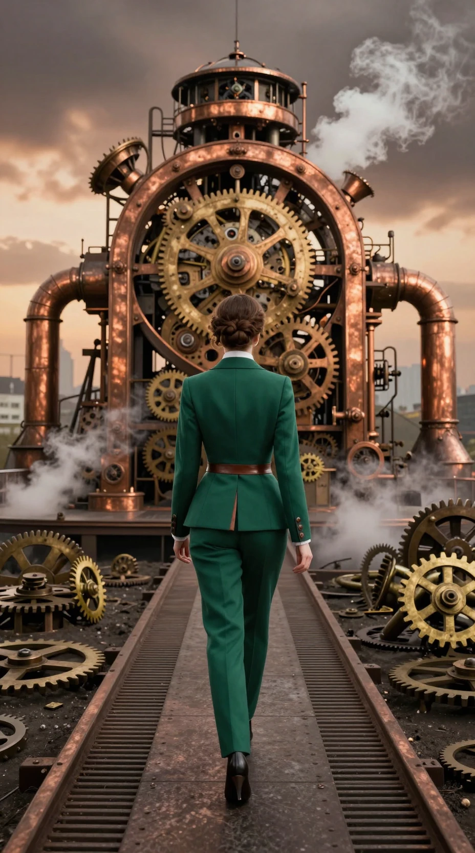 Mujer frente a una colosal máquina de engranajes steampunk al atardecer