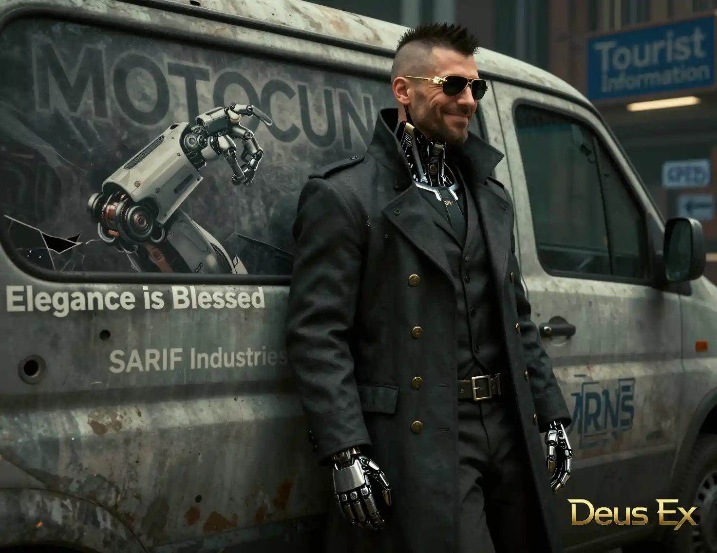 Detective potenziato appoggiato a un furgone danneggiato in strada cyberpunk