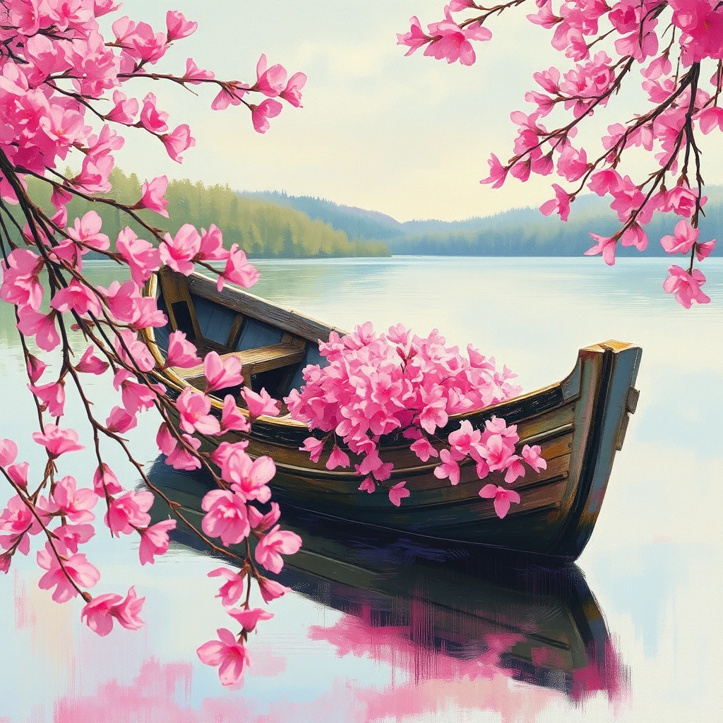 Barco envelhecido entre flores cor‑de‑rosa em um lago tranquilo