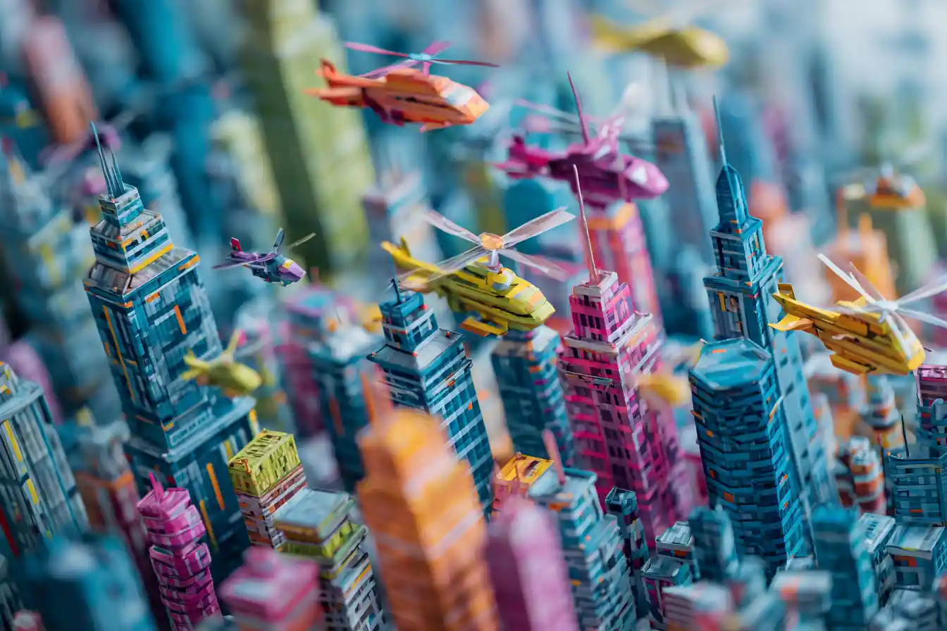 Paysage urbain futuriste en origami avec véhicules volants en vue miniature