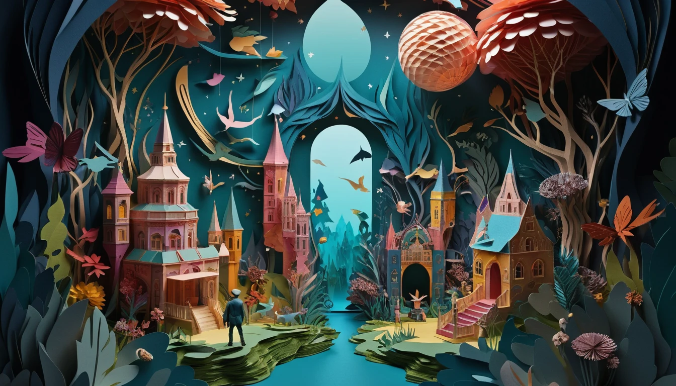 Colagem colorida de papercraft flutuante com texturas em camadas