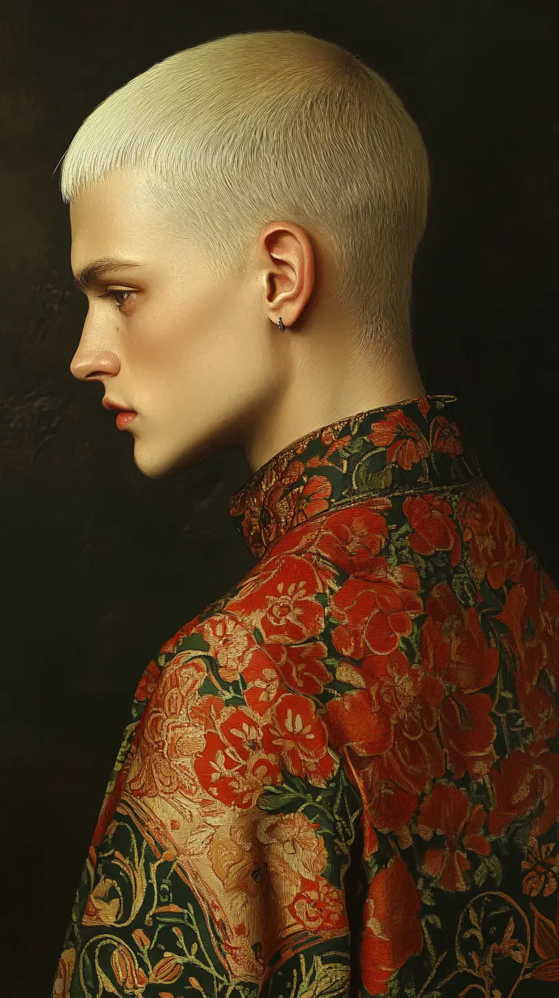 Close up profile painting of a serene blond man