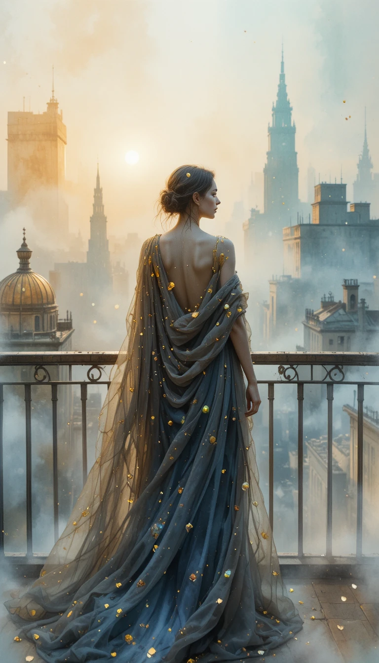 Donna eterea su un balcone all’alba nella foschia ad acquerello