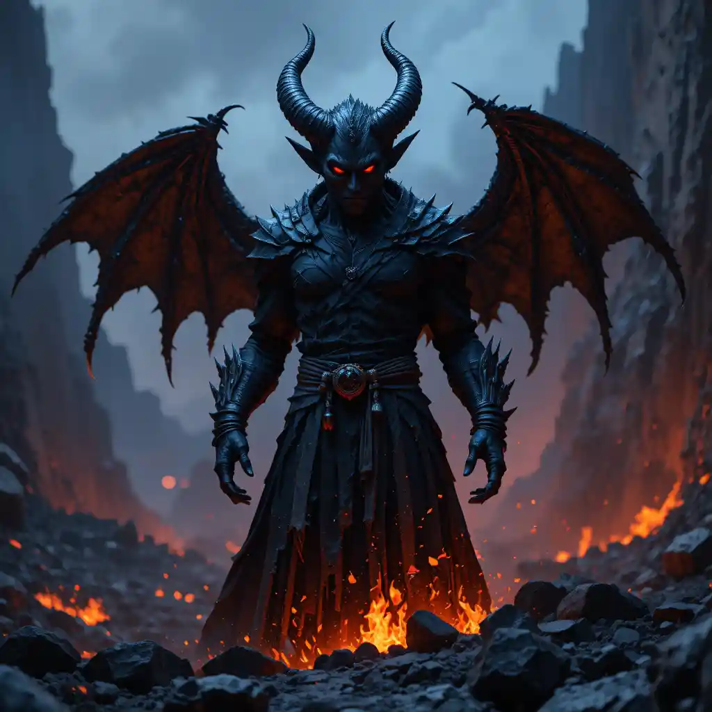 くすぶる火山地帯から立ち上がる悪魔的な存在