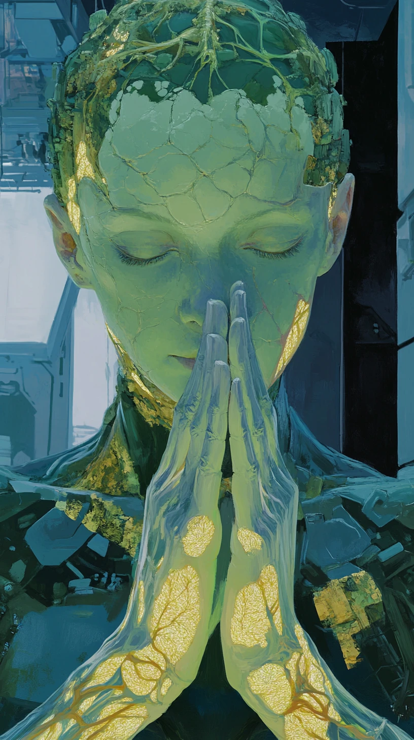 Crystalline silicon based humanoid girl with glowing quartz body