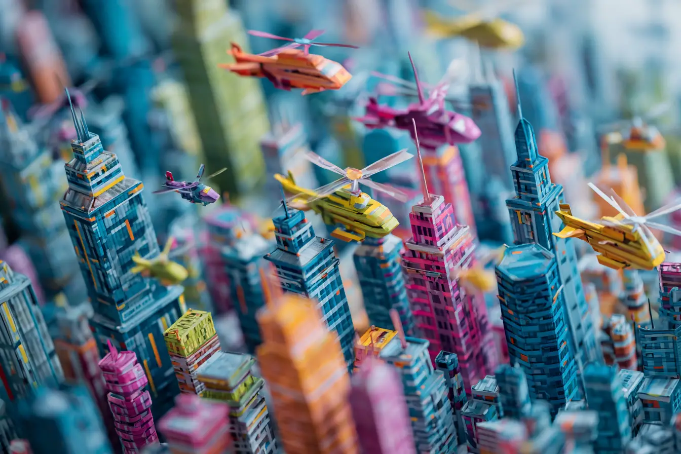 Paysage urbain futuriste en origami avec véhicules volants en vue miniature
