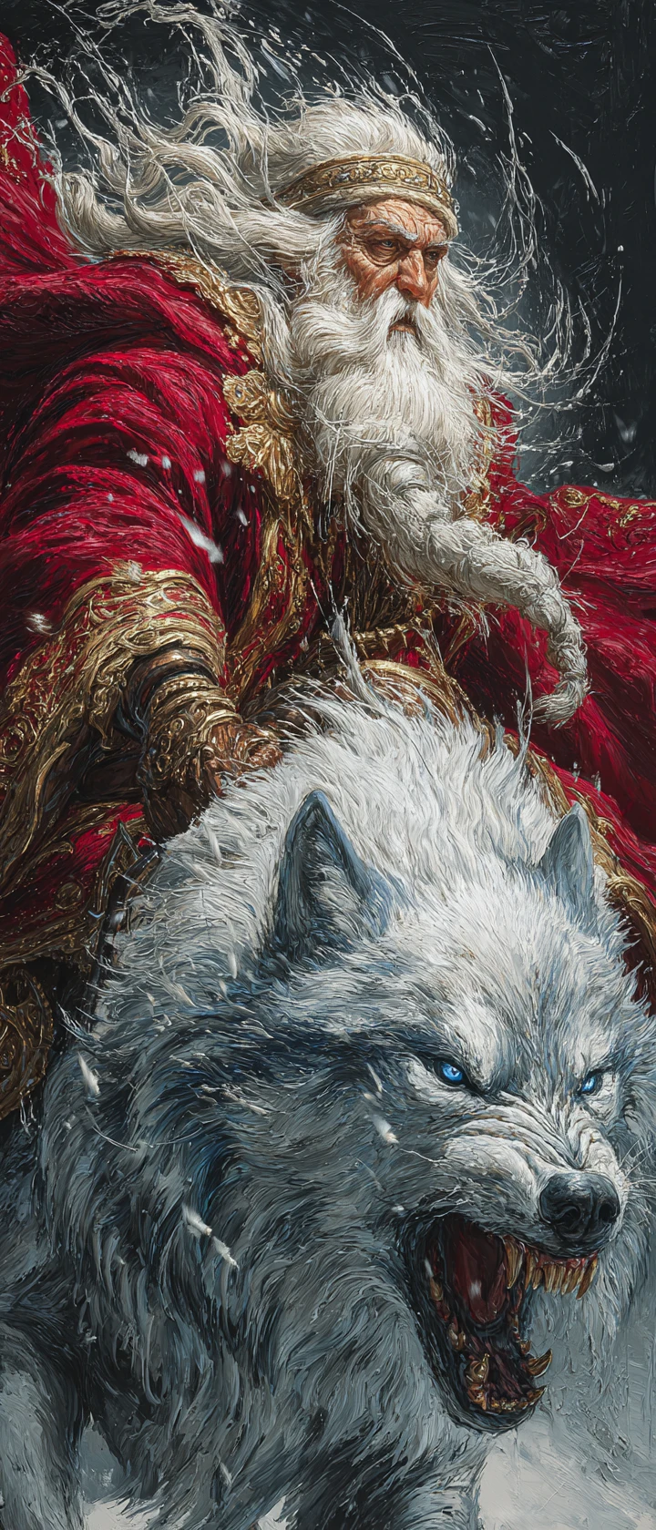 Guerrier Père Noël légendaire en armure avec loup redoutable compagnon
