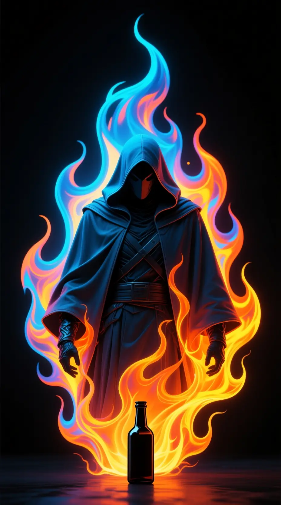 Neon flame assassin emerging from a dark bottle