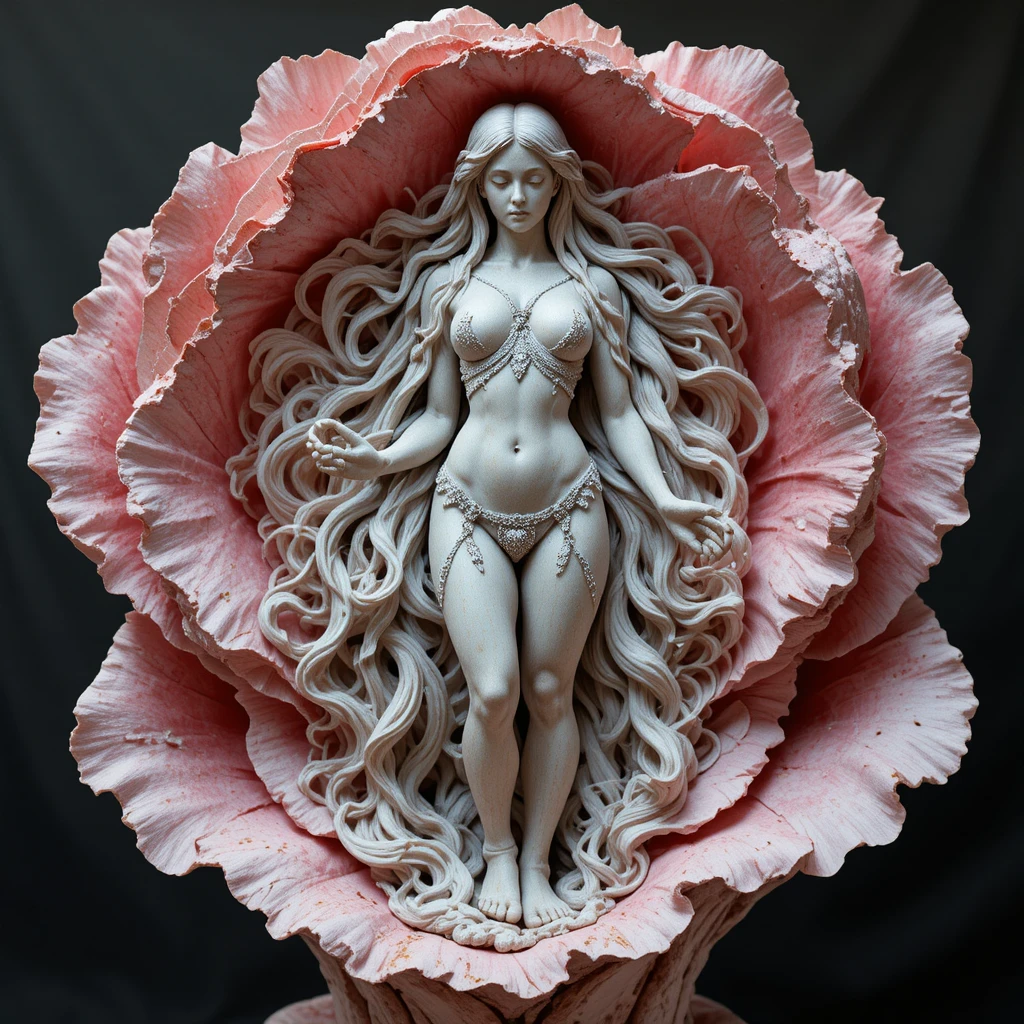 Stone statue of a long haired girl inside a rose