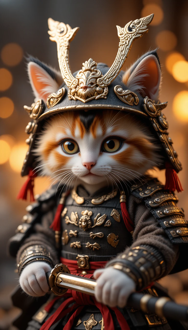 Gatinho samurai em armadura ornamentada com faíscas cinematográficas brilhantes