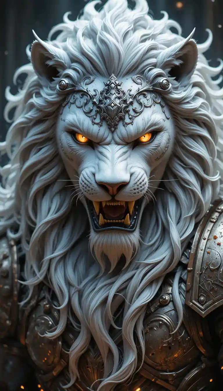 White maned lion deity in ornate silver armor portrait