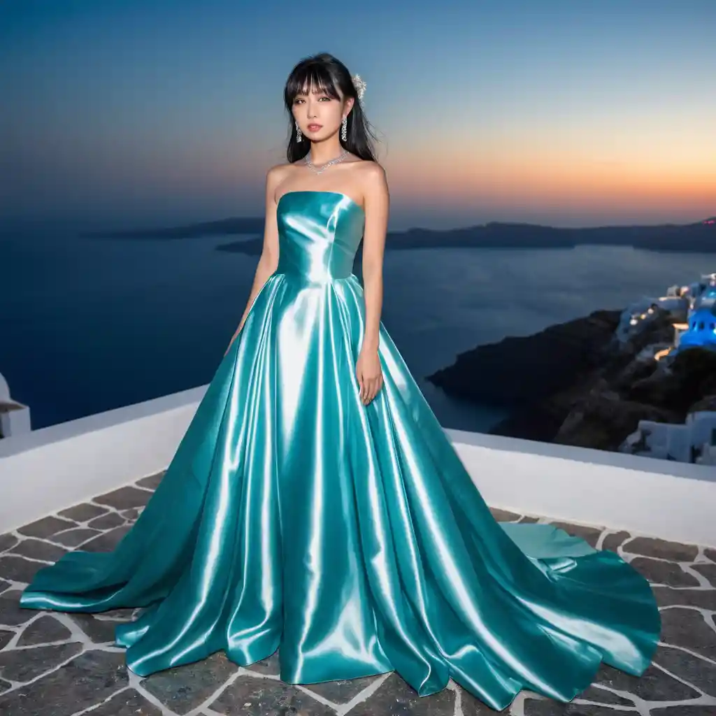 Elegant woman in satin gown at night in Santorini