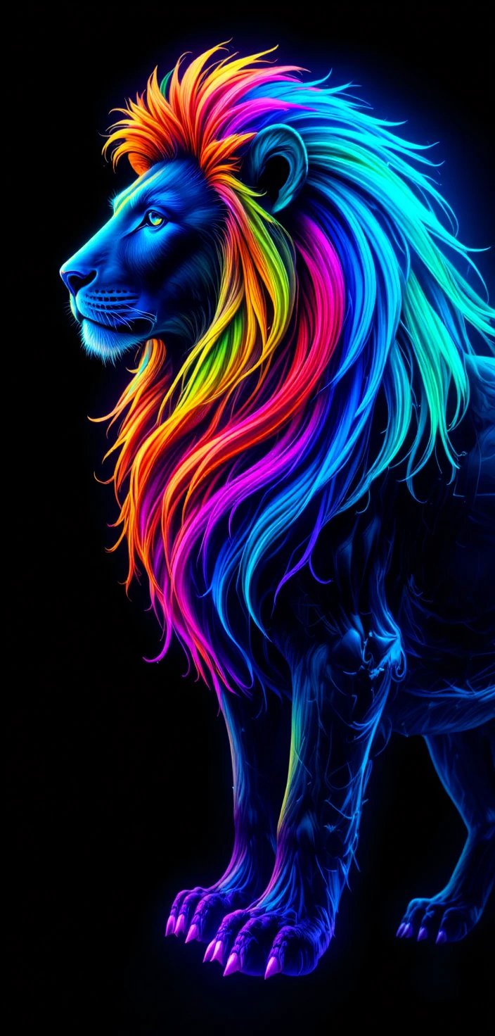 Perfil de leão em neon brilhando em um fundo preto de fantasia sombria