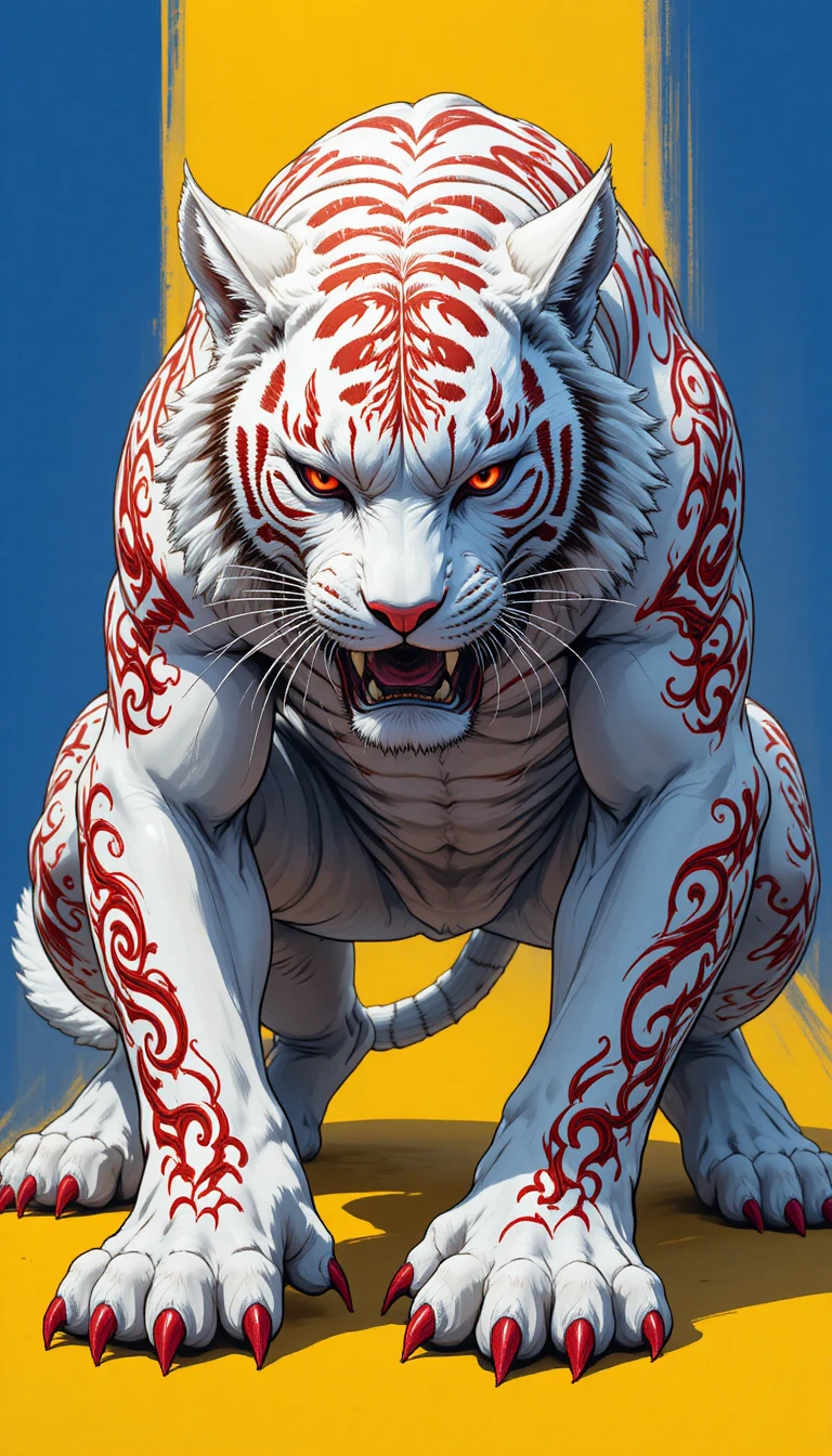 Weißer Tiger mit roten Tribal-Tattoos auf gelbem Hintergrund