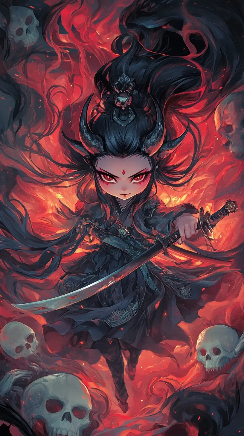 在旋繞煙霧中揮舞雙刀的Q版惡魔女孩