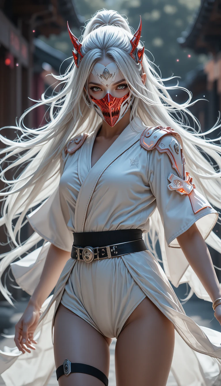 Ragazza anime cibernetica con maschera oni in dinamica posa di battaglia