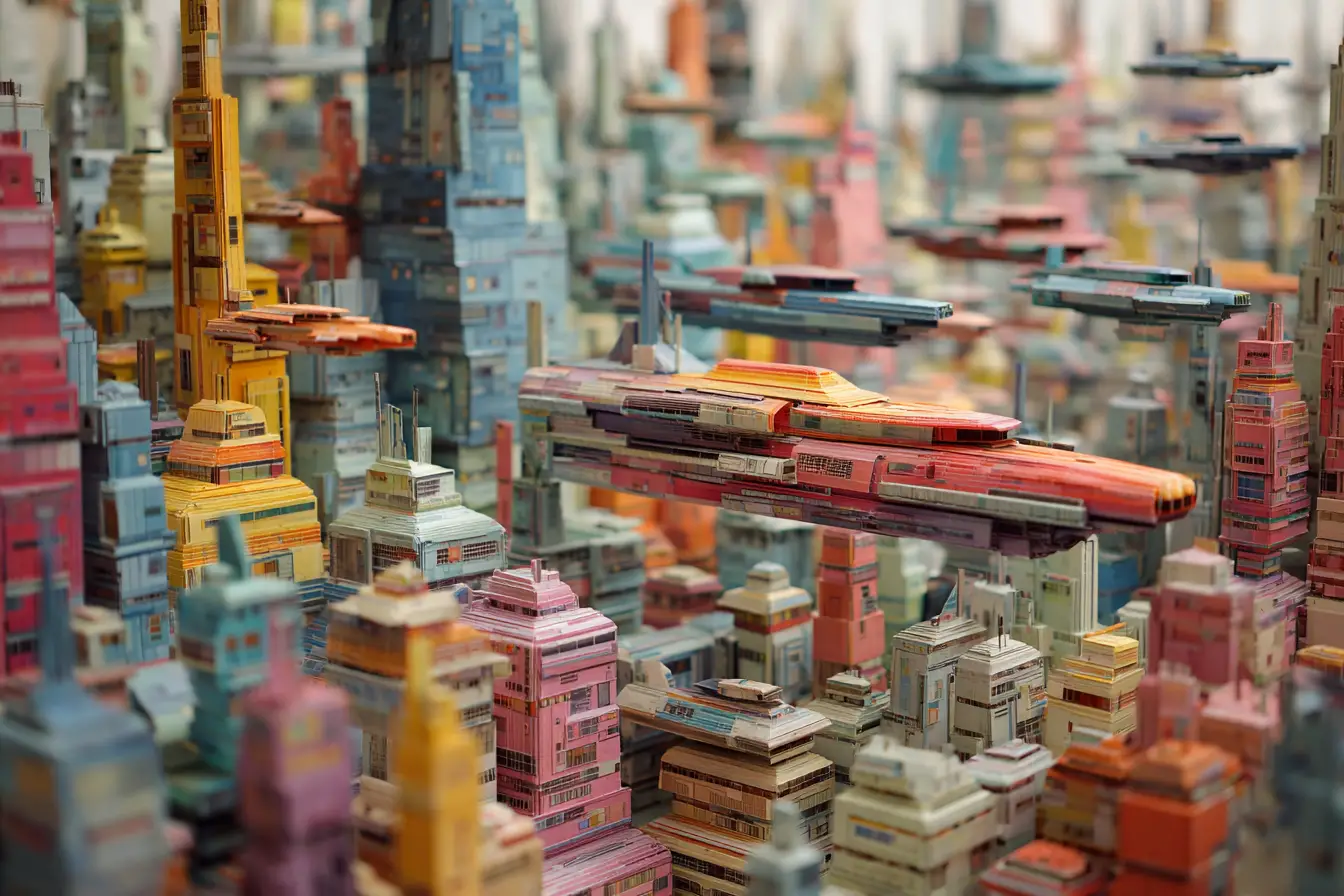 Paysage urbain futuriste en origami avec véhicules volants en vue miniature
