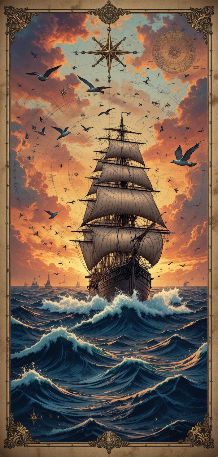 Carte maritime ancienne avec navire dans une mer orageuse au coucher du soleil