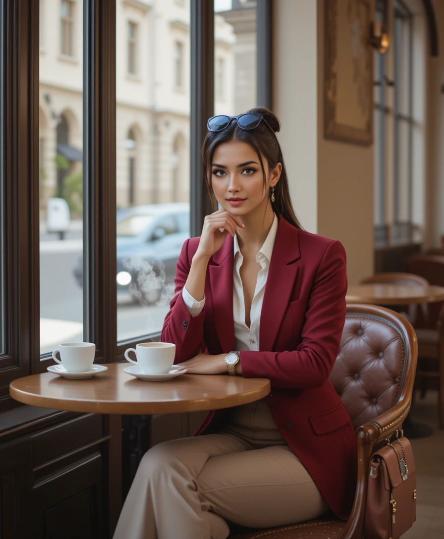 Elegante Frau im roten Blazer am Fenstertisch im Café