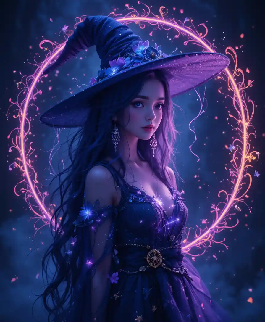 Mystical witch figure glowing against dark fairy tale night