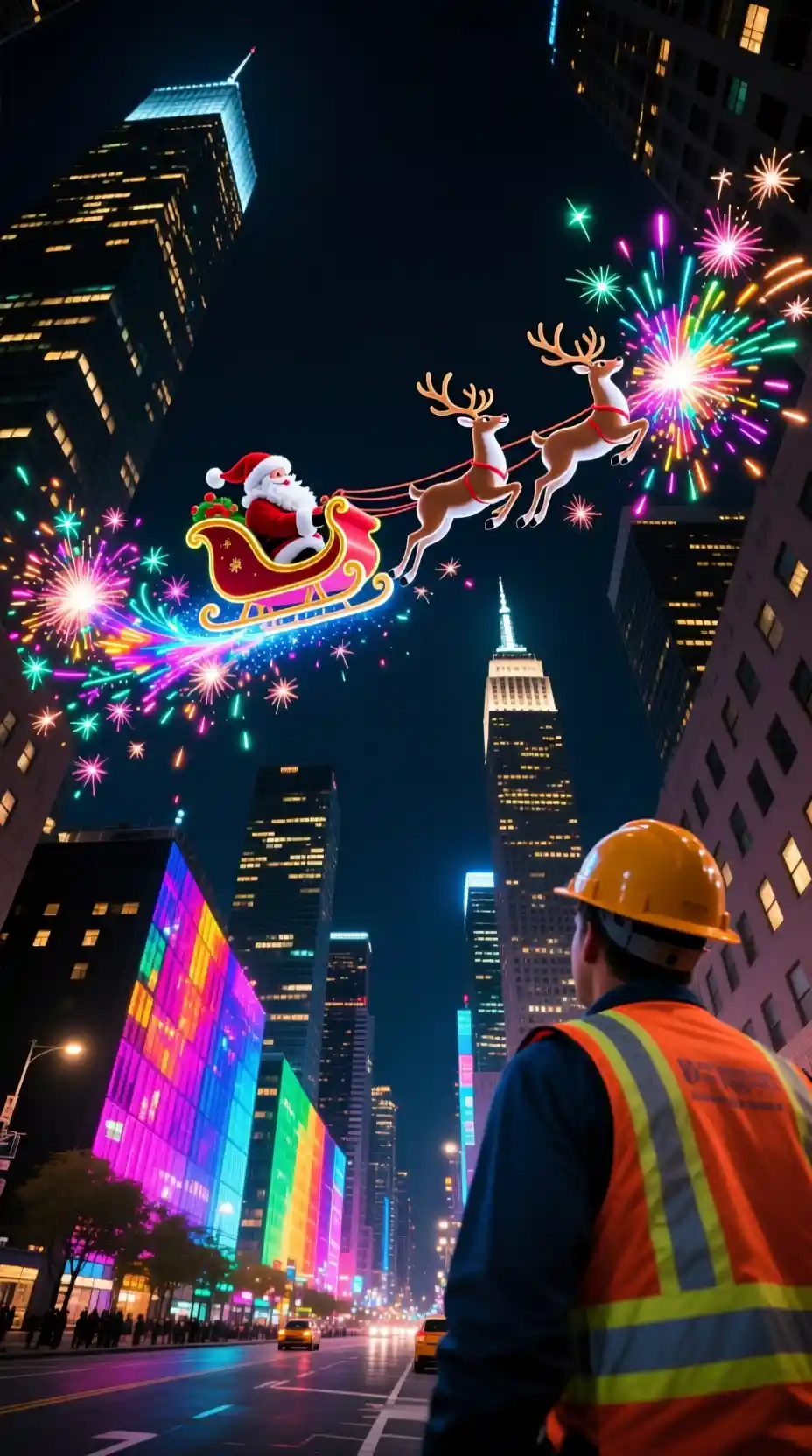 Froschperspektive auf Santas Schlitten über bunter Stadtstraße