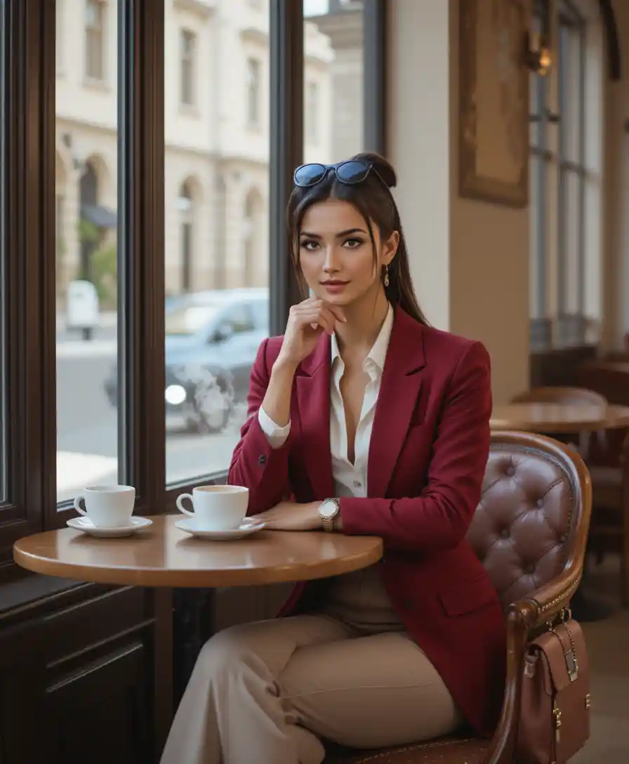 Elegante Frau im roten Blazer am Fenstertisch im Café