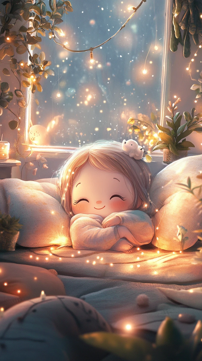 Kawaii girl relaxing on cushions with lights and plants
