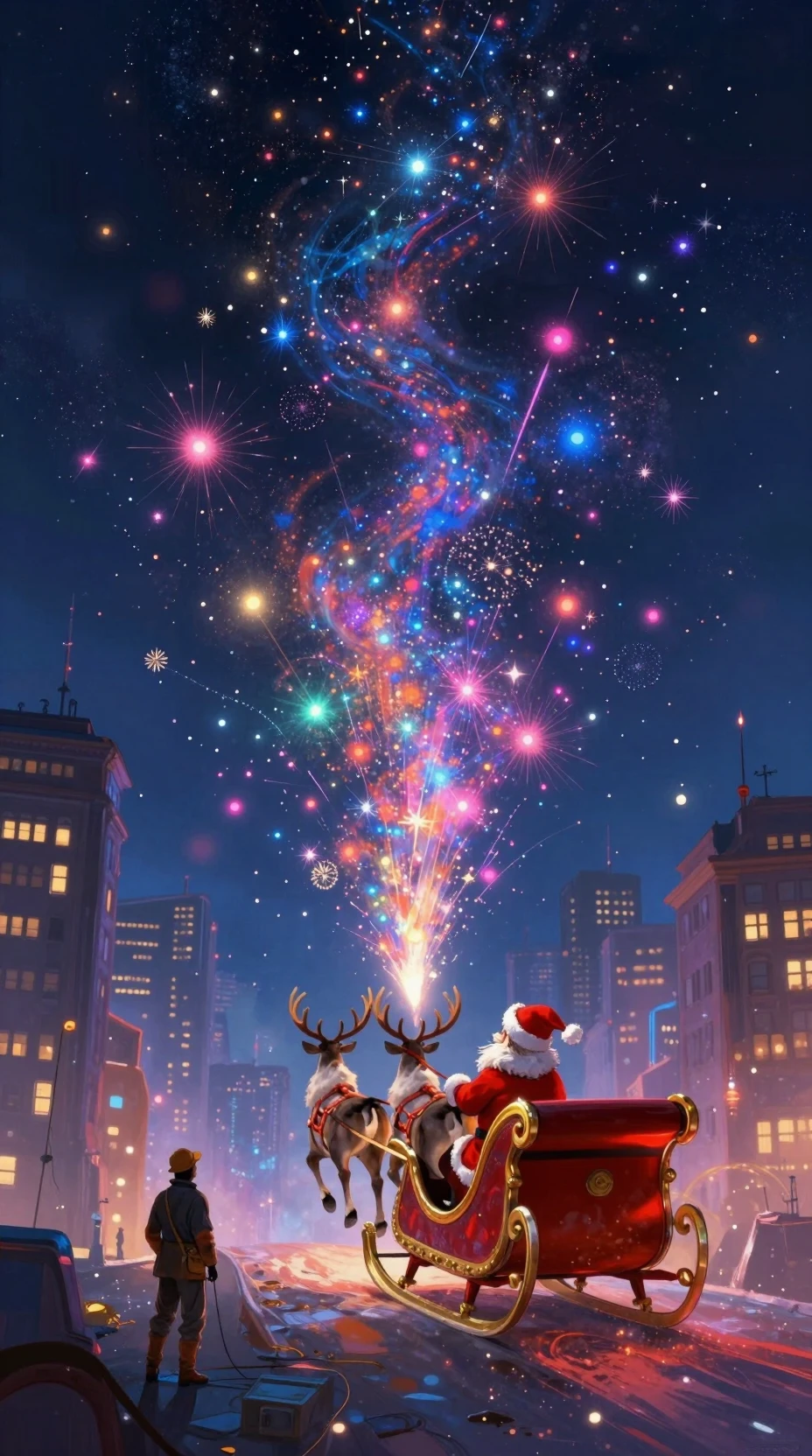 Weihnachtsschlitten und Rentiere über einer lebendigen Nachtstadt