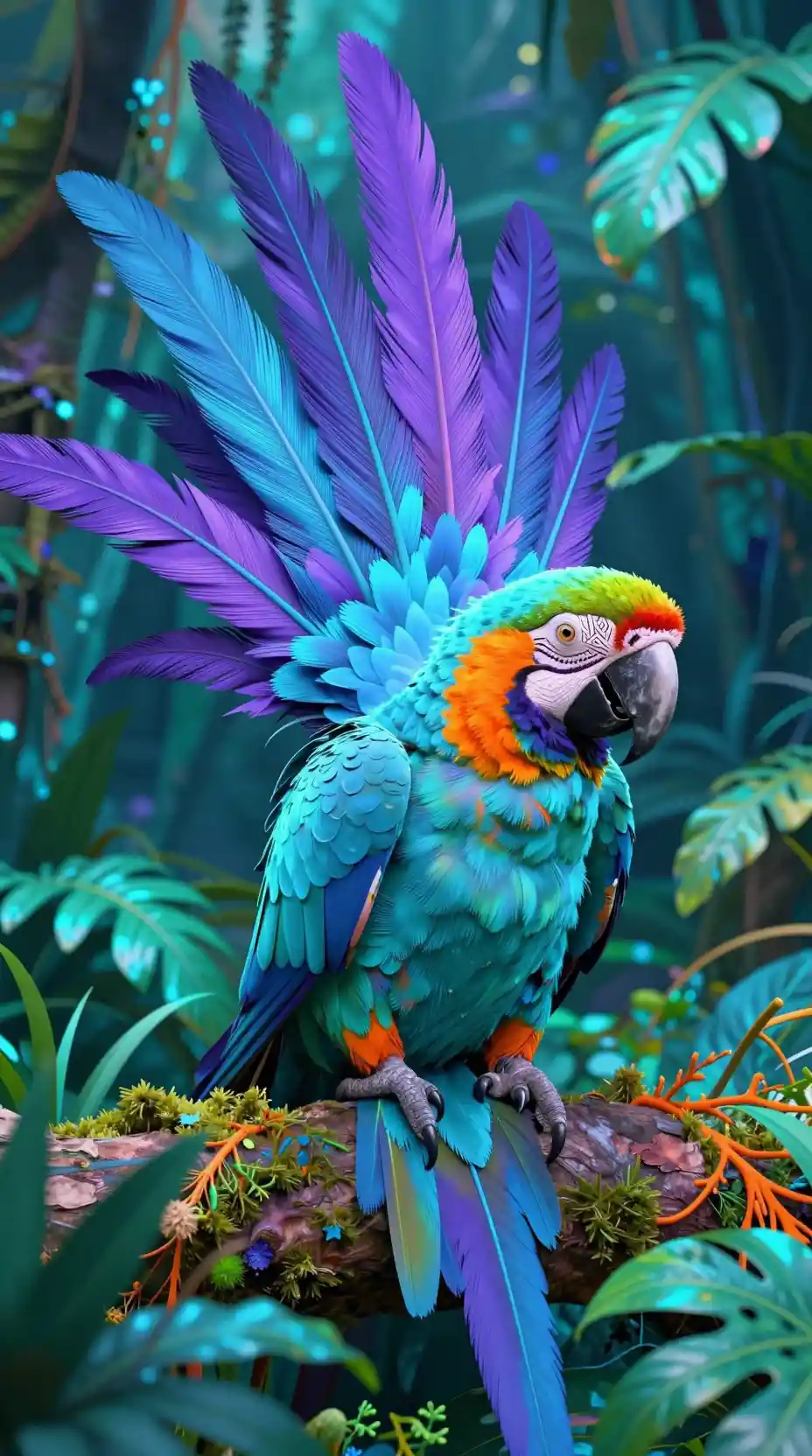 Surrealer Neonpapagei mit fließendem Schweif im irisierenden Dschungel