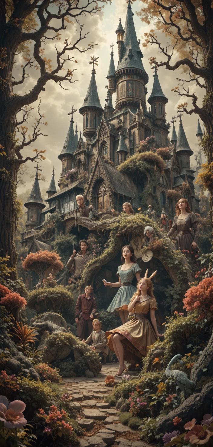 Escena de fantasía ochentera con personajes y animales extravagantes