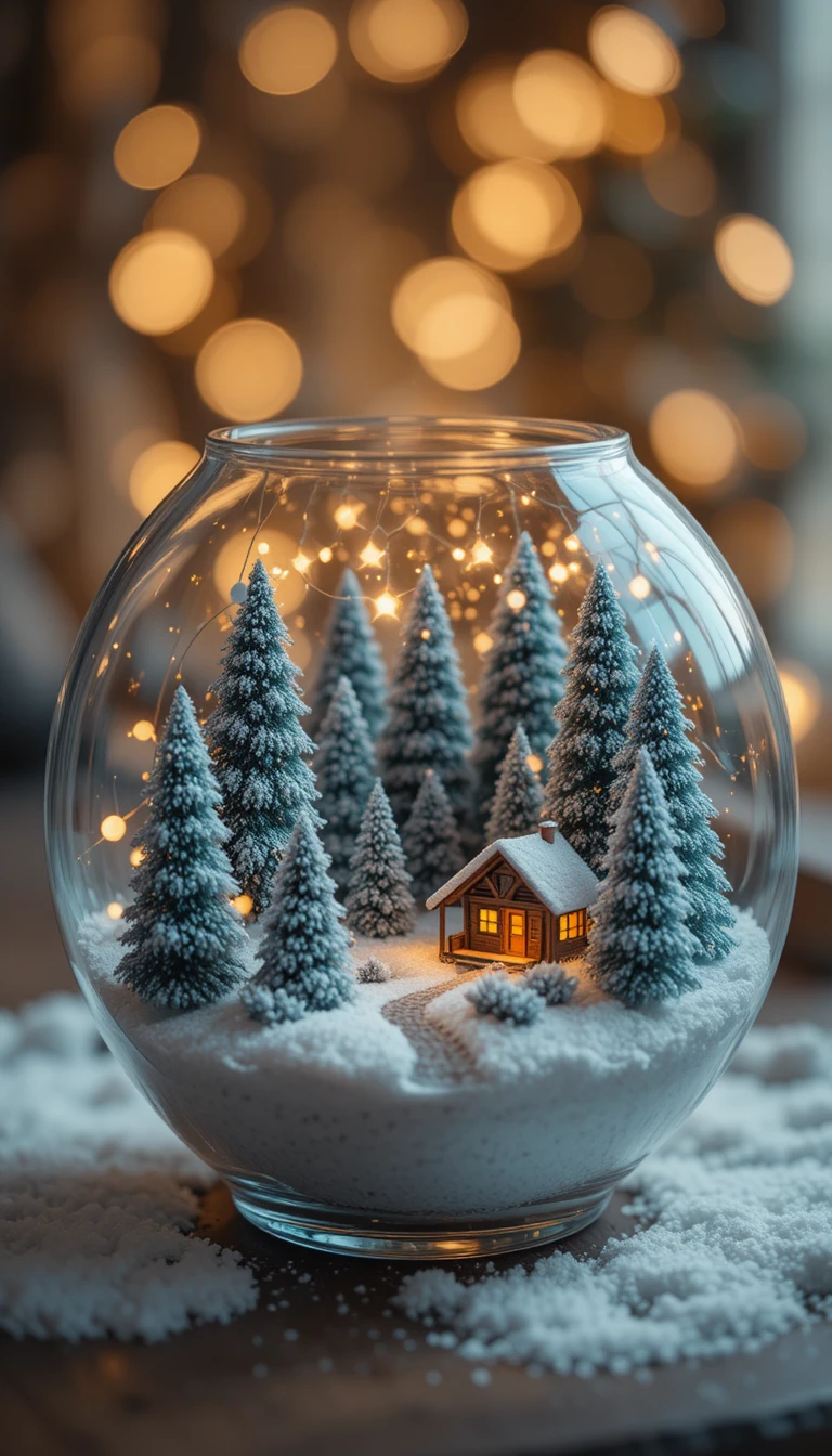 Foresta invernale in miniatura in una ciotola di vetro luminosa