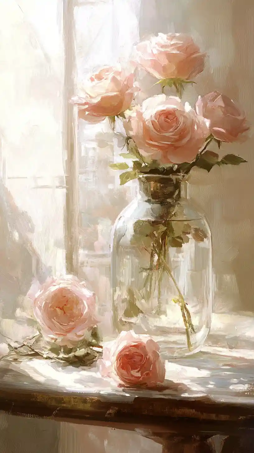 Delicate roses in a glass bottle still life painting