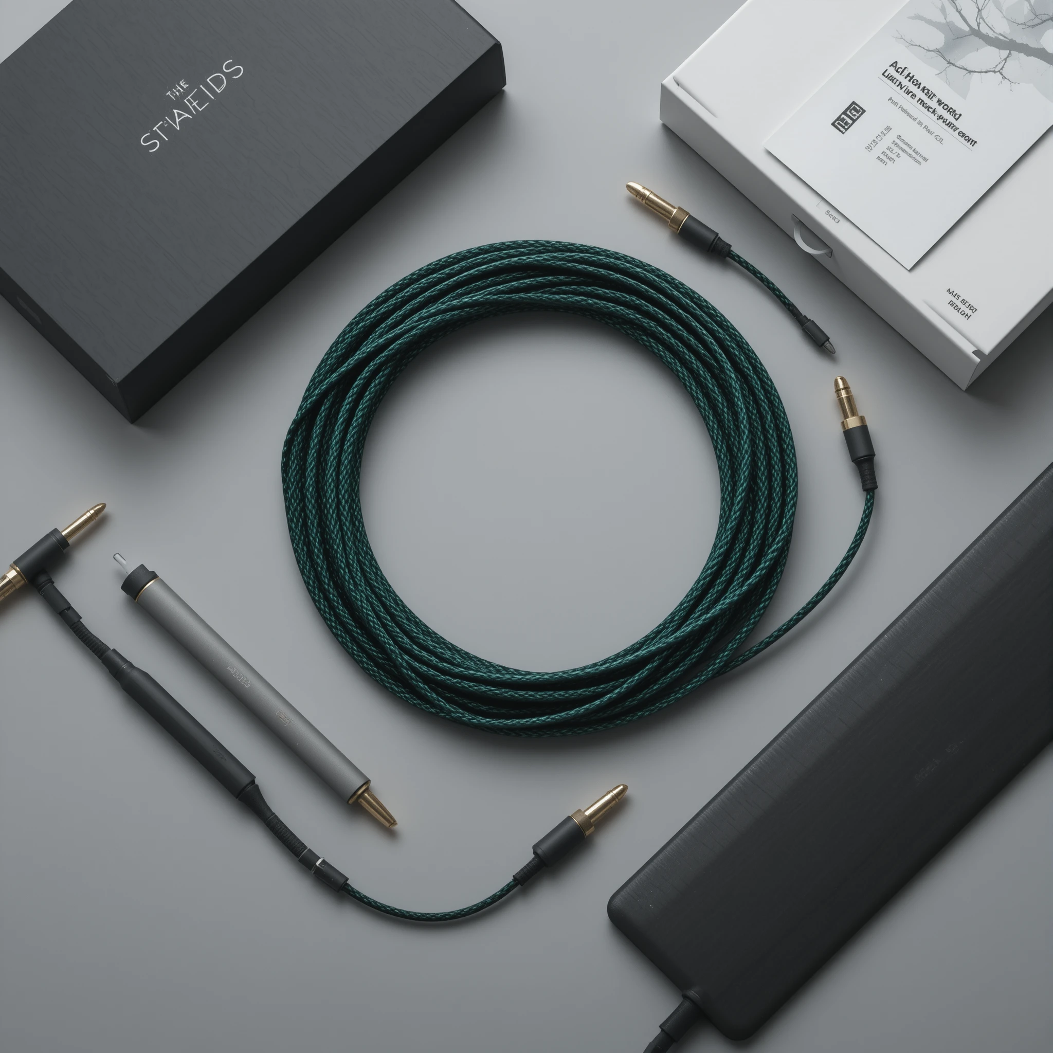 Flat lay de cabos de áudio premium em fundo cinza neutro