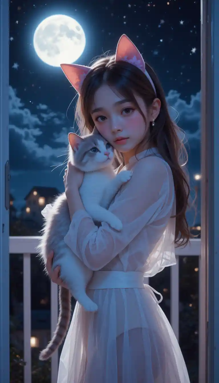 Ragazza anime timida che abbraccia un gatto su un balcone notturno