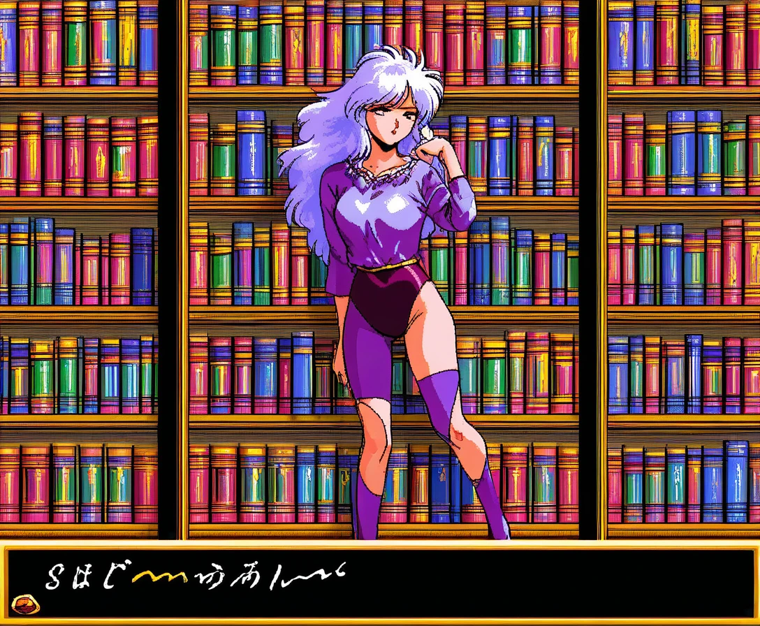 Magical anime girl posing by a bookshelf in pixel art