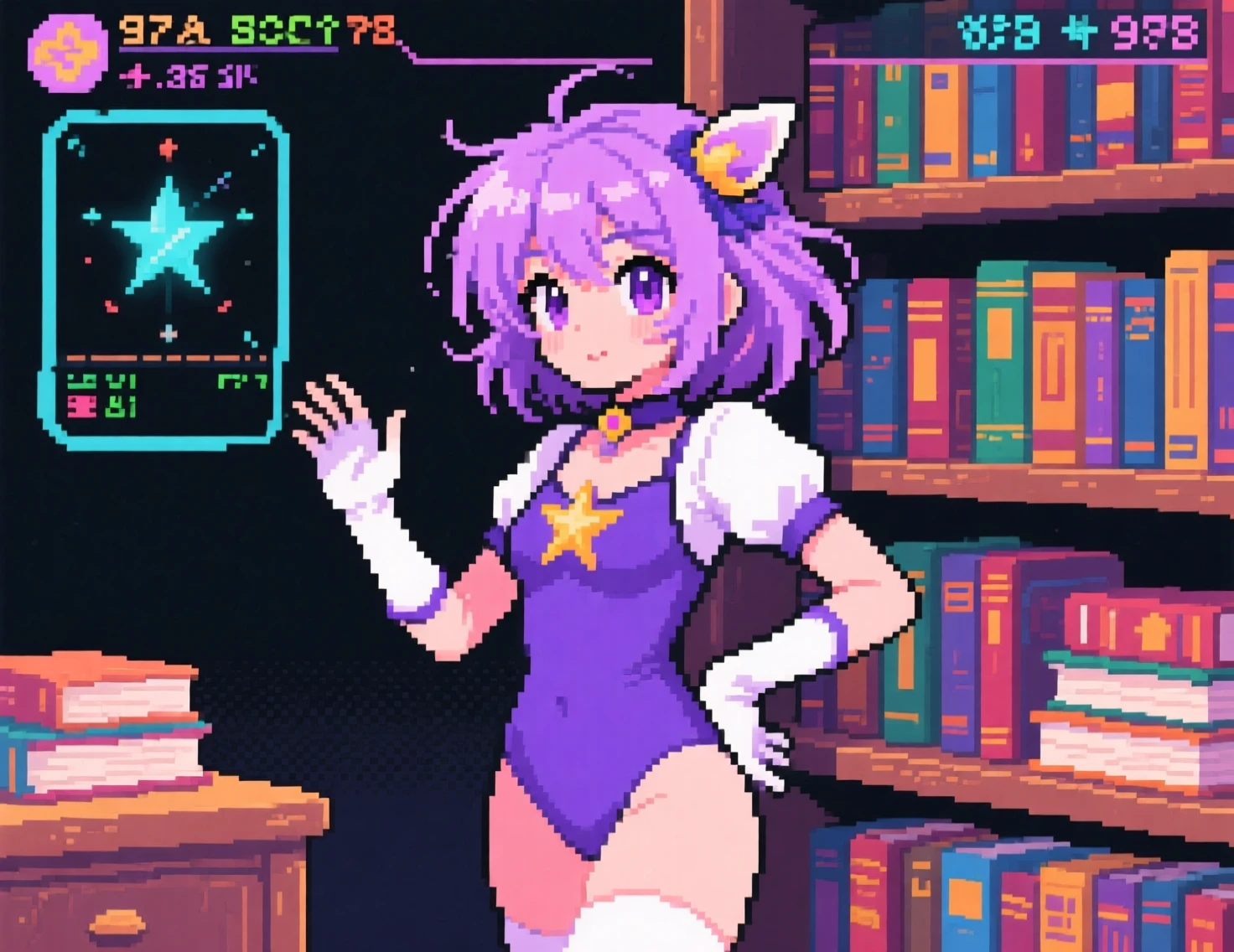 Pixel-Art-Magical Girl posiert neben einem hohen Bücherregal in der Bibliothek