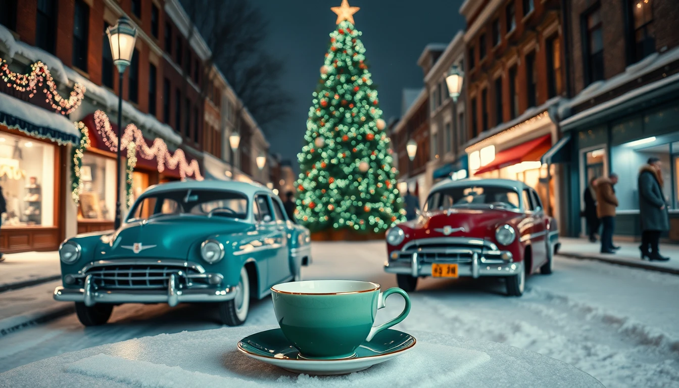 Rua urbana nevada com luzes de Natal e carros antigos