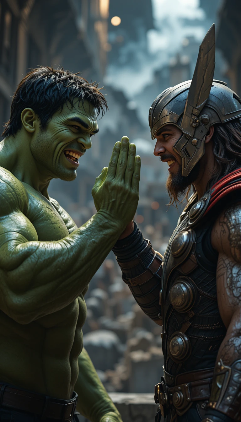 Dois super-heróis sorrindo e dando um high five