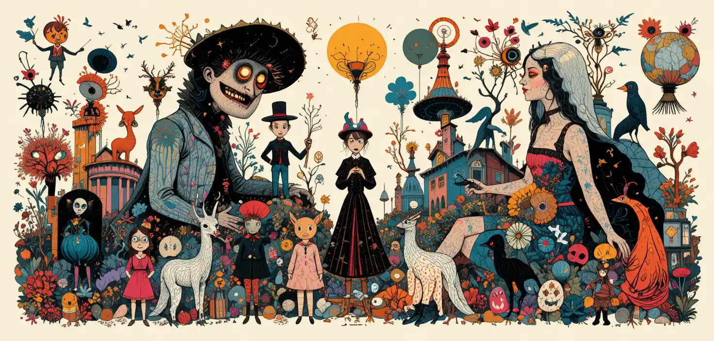Animaux fantastiques fantaisistes dans un style graphique rétro éclatant