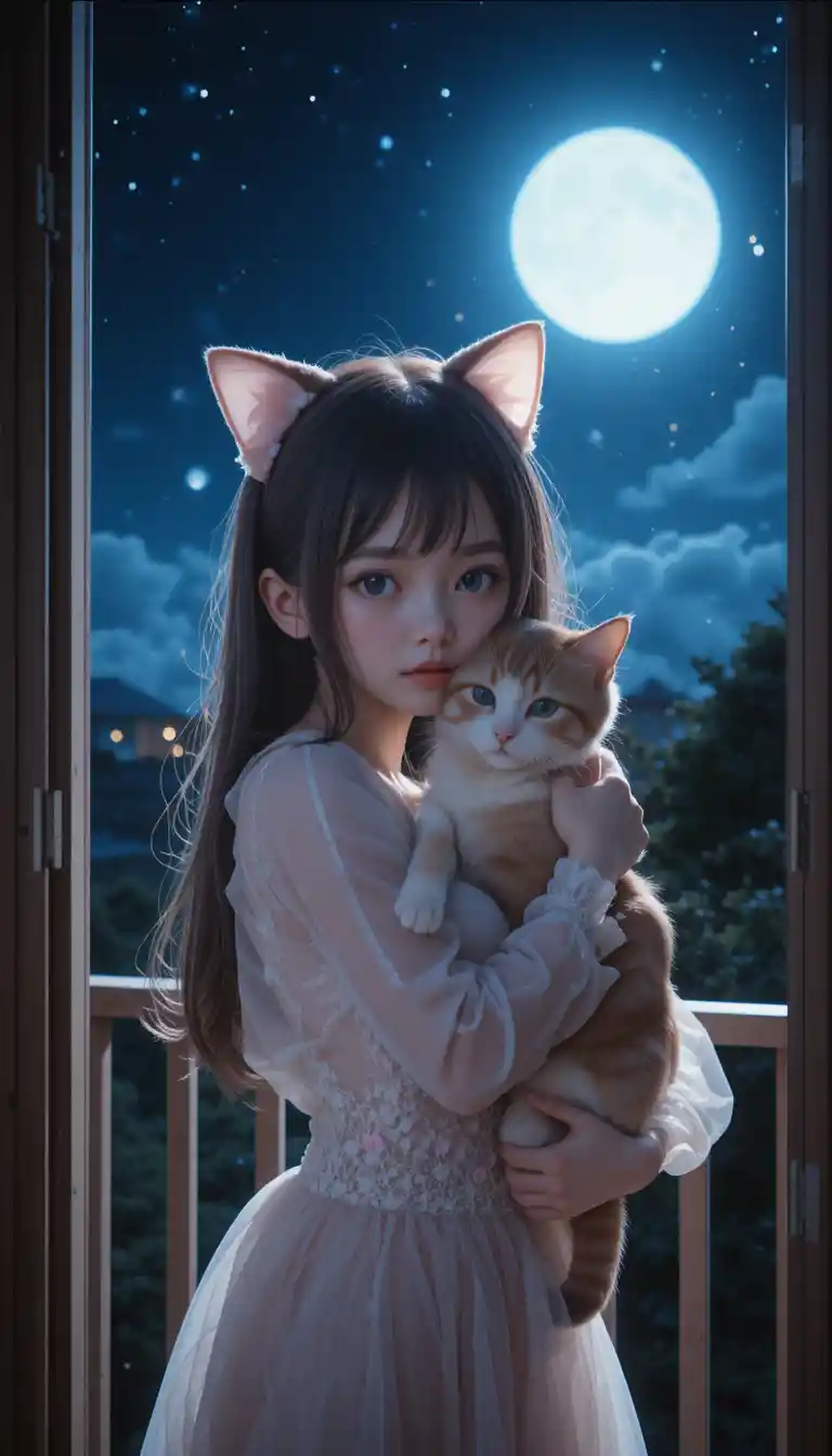 Shy anime girl hugging a cat on a moonlit balcony