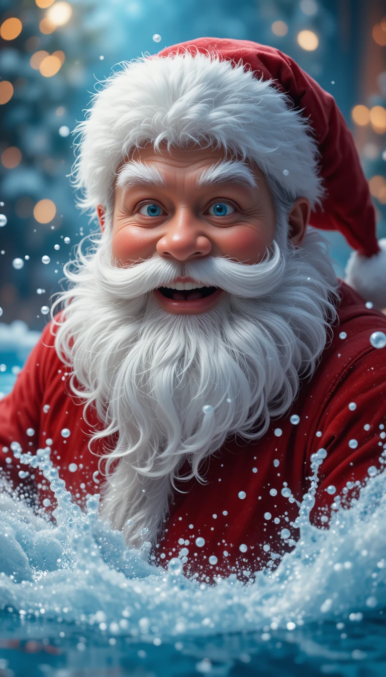 Santa Claus splashing in a bright blue festive pool