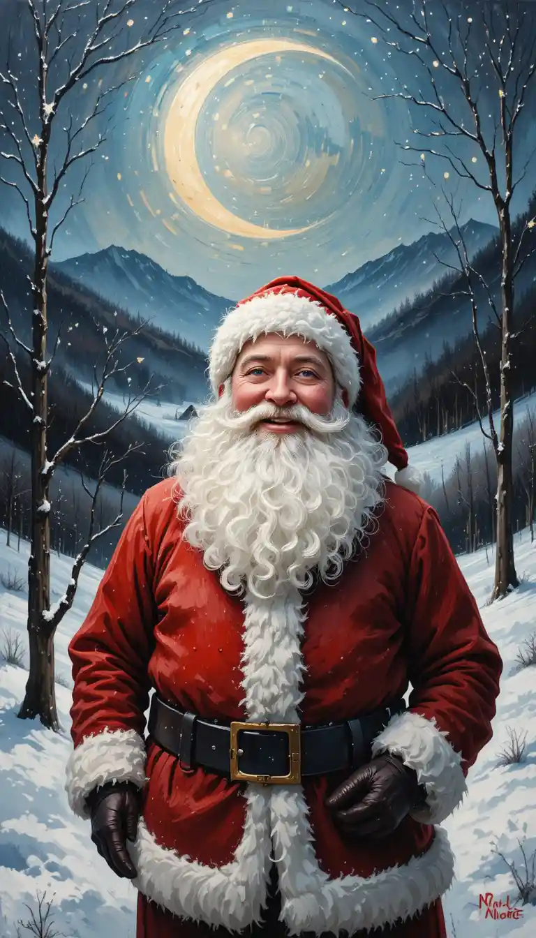 Santa Claus in a moonlit impressionist winter landscape
