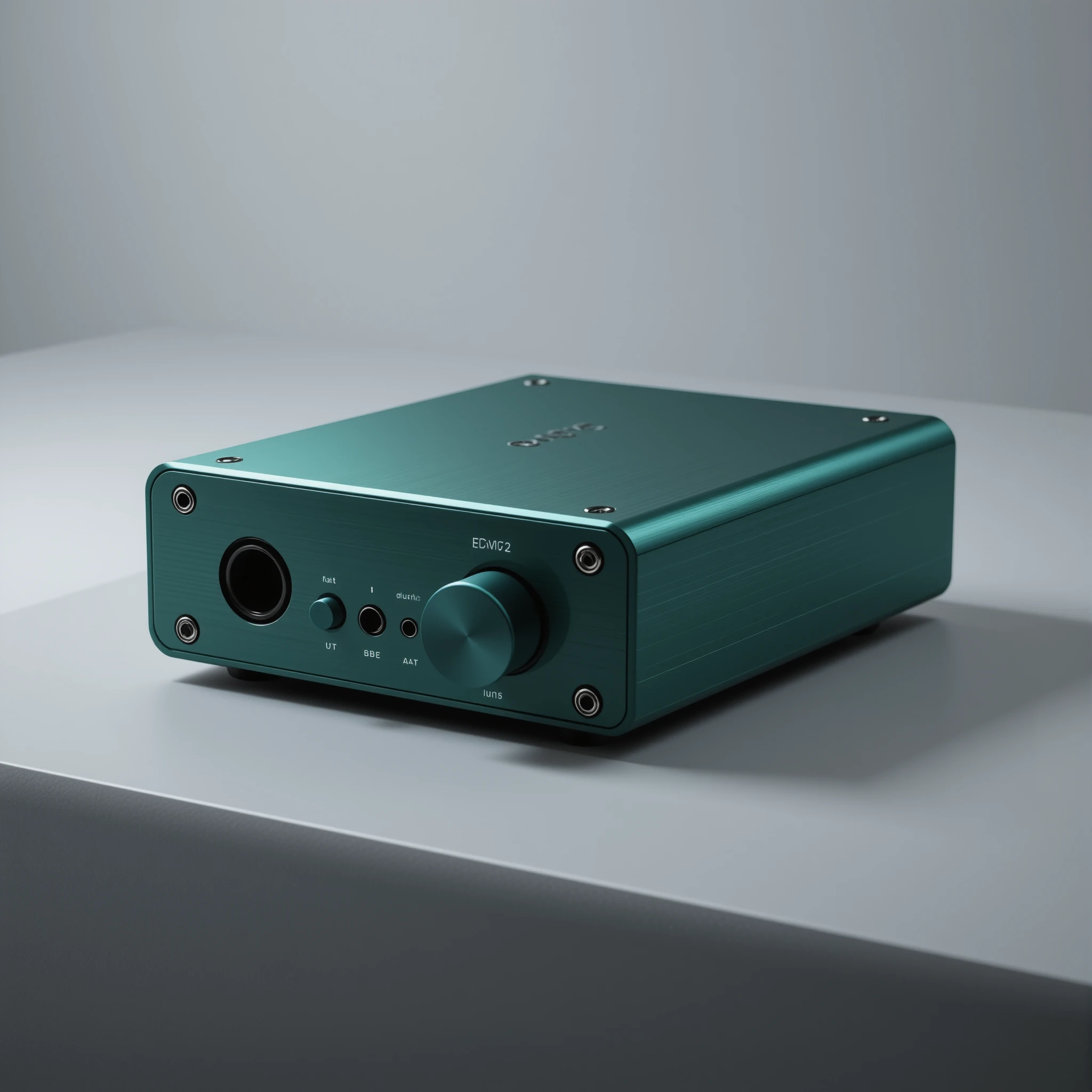 Amplificador DAC de áudio portátil verde em fundo cinza neutro