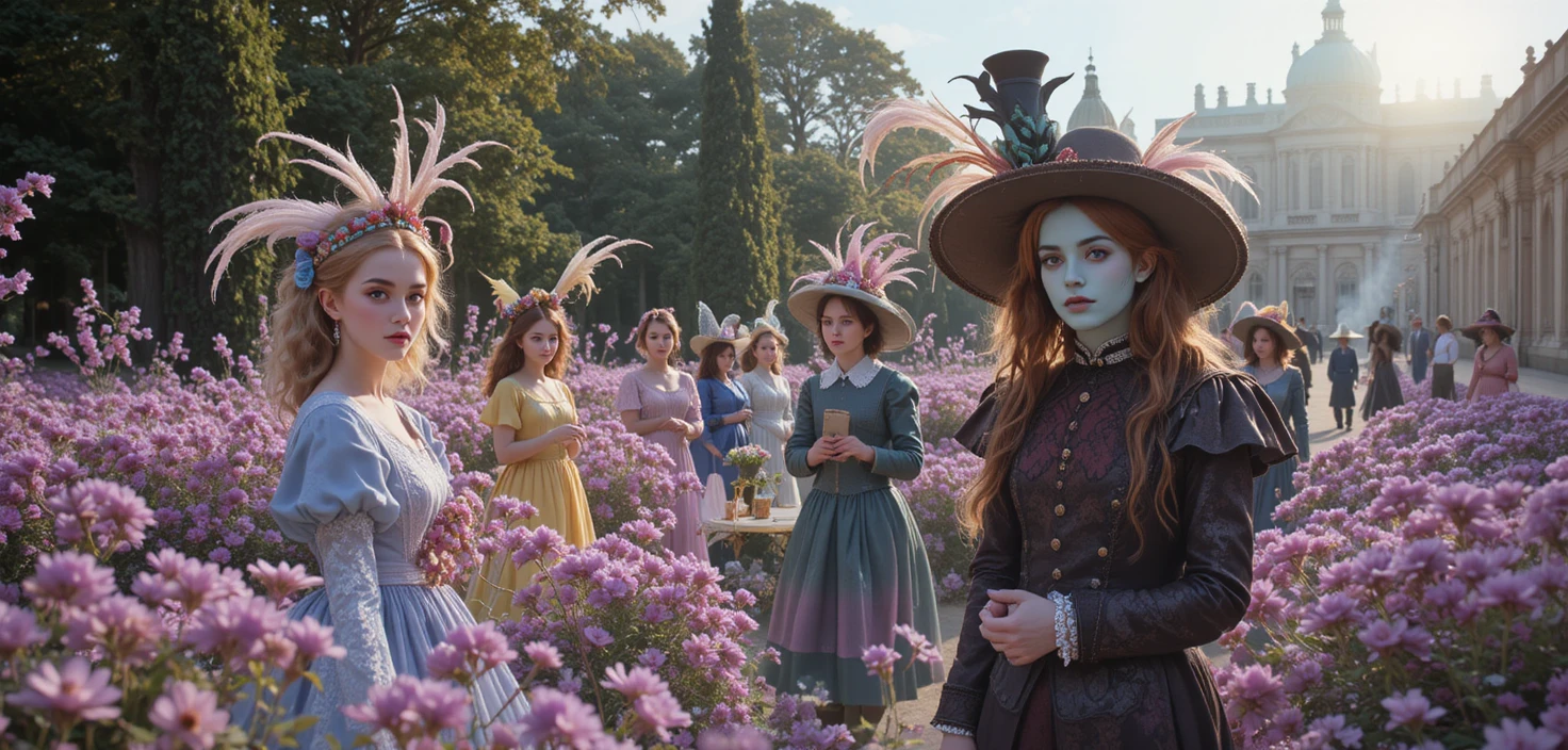 Whimsical fantasy characters in a colorful Versailles garden