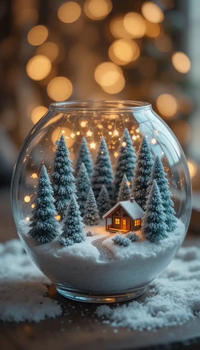 Miniatur-Winterwald in einer leuchtenden Glasschale