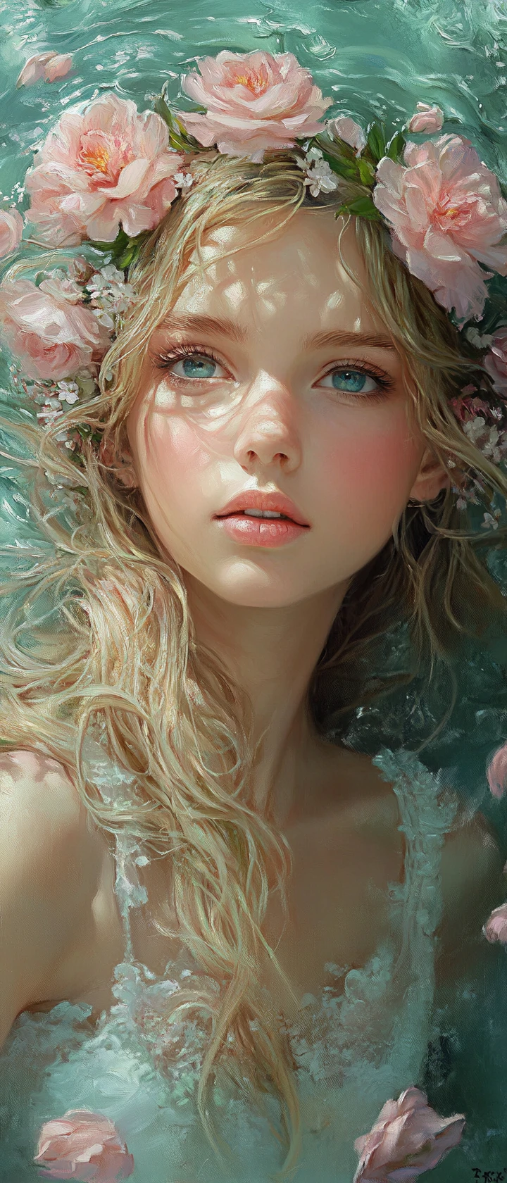 Fata sognante con fiori rosa tra i capelli
