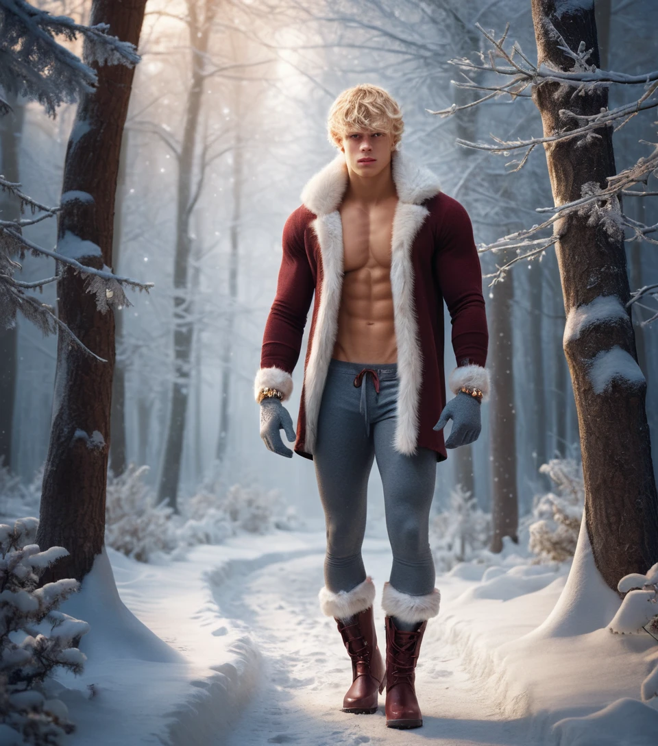 Blond young man walking in snowy winter forest path