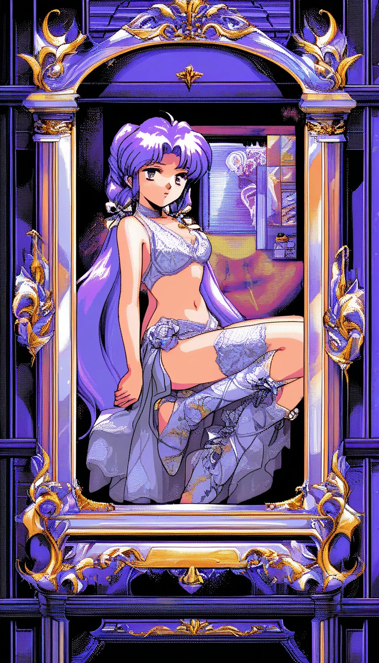 Anime girl with lilac twintails in retro pixel game scene