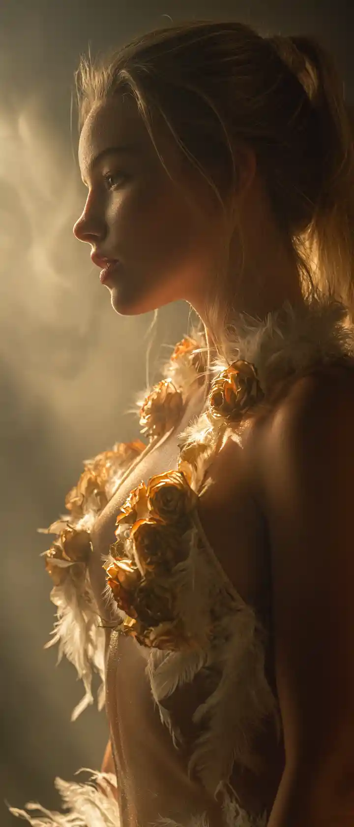 Blonde woman in roses and feathers in warm side light