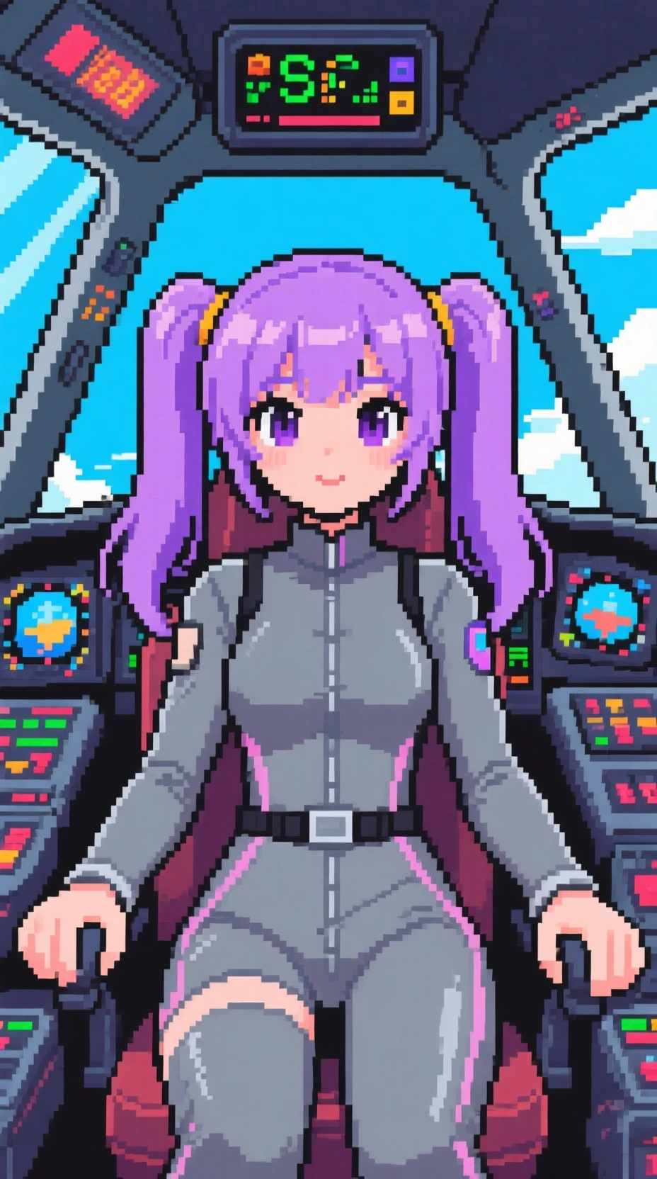 Anime-Mädchen mit fliederfarbenen Zöpfen in einer Pixel-Cockpit-Szene
